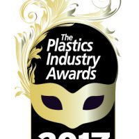 black semi circle with gold mask and white text 'the plastic industry awards 2017'