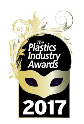 black semi circle with gold mask and white text 'the plastic industry awards 2017'